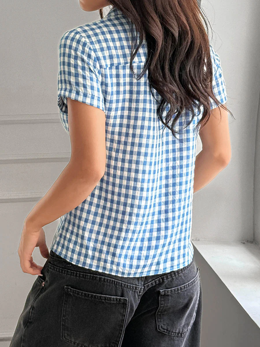 Short Sleeves Skinny Buttoned Contrast Color Plaid Split-Joint Lapel Blouses&Shirts Tops - Image 6
