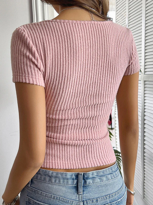 Short Sleeves Skinny Buttoned Solid Color Round-Neck T-Shirts Tops - Image 9