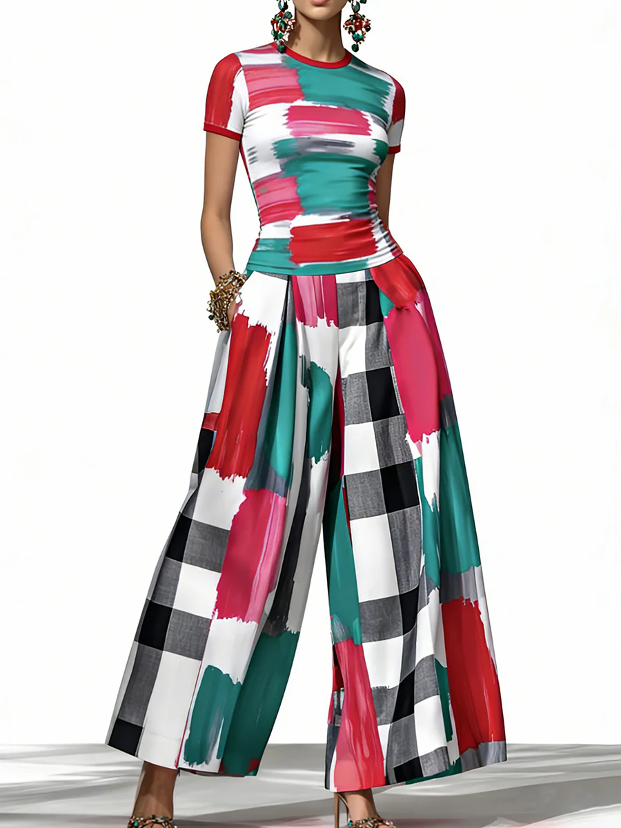 Short Sleeves Skinny Contrast Color Plaid Printed Round-Neck T-Shirts Tops - Image 4