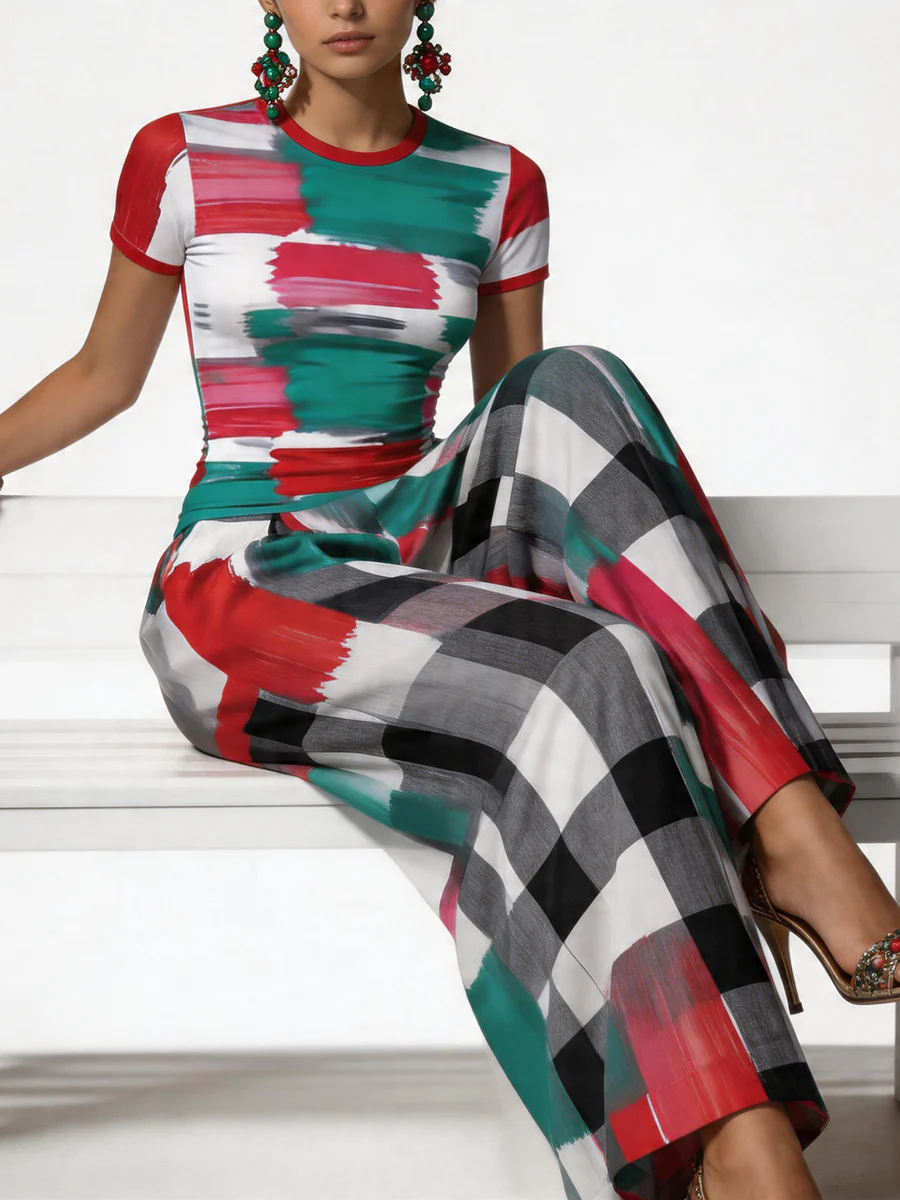 Short Sleeves Skinny Contrast Color Plaid Printed Round-Neck T-Shirts Tops - Image 6