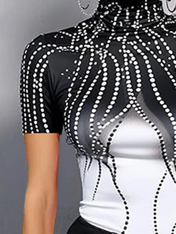 Short Sleeves Skinny Contrast Color Printed High Neck T-Shirts Tops - Image 2