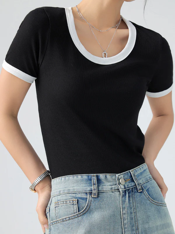 Short Sleeves Skinny Contrast Color Round-Neck T-Shirts - Image 3