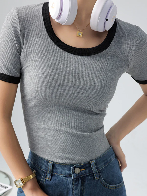 Short Sleeves Skinny Contrast Color Round-Neck T-Shirts - Image 4