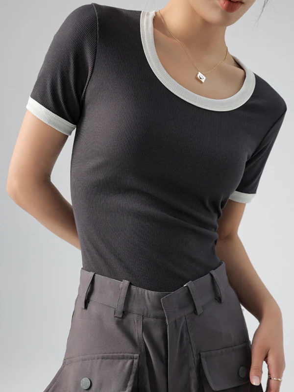 Short Sleeves Skinny Contrast Color Round-Neck T-Shirts - Image 6