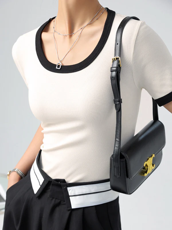 Short Sleeves Skinny Contrast Color Round-Neck T-Shirts - Image 7