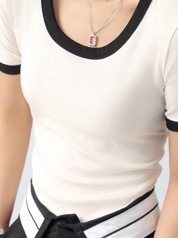 Short Sleeves Skinny Contrast Color Round-Neck T-Shirts - Image 9