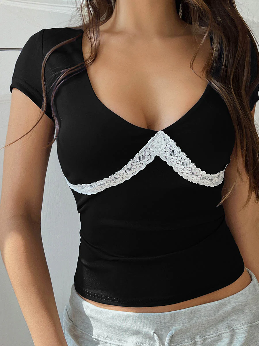 Short Sleeves Skinny Contrast Color Split-Joint Deep V-Neck T-Shirts Tops - Image 3