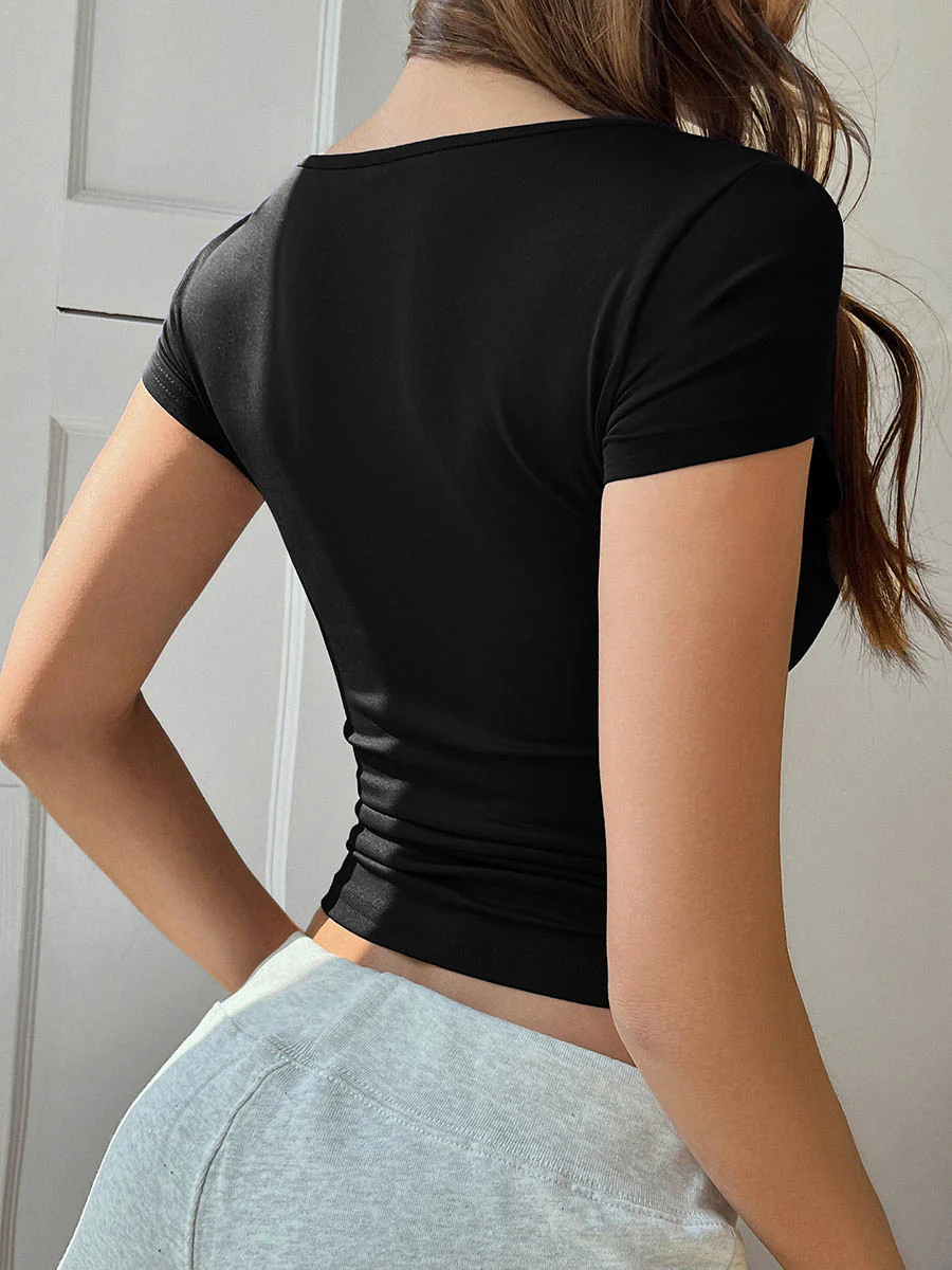 Short Sleeves Skinny Contrast Color Split-Joint Deep V-Neck T-Shirts Tops - Image 5
