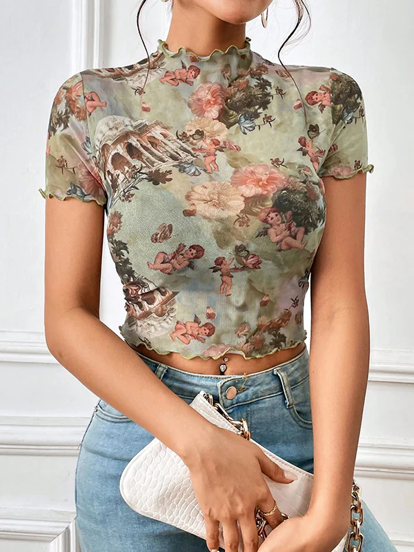 Short Sleeves Skinny Figure Flower Print Ruffle Trim See-Through Mock Neck T-Shirts Tops - Image 2