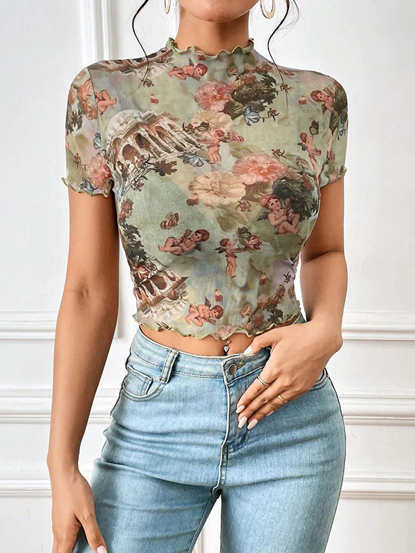 Short Sleeves Skinny Figure Flower Print Ruffle Trim See-Through Mock Neck T-Shirts Tops - Image 3