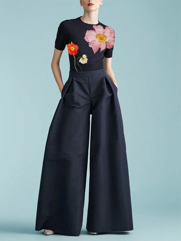 Short Sleeves Skinny Floral Printed Split-Joint Round-Neck T-Shirts - Image 2
