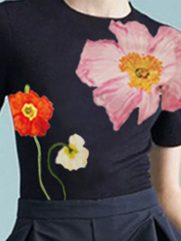 Short Sleeves Skinny Floral Printed Split-Joint Round-Neck T-Shirts - Image 3