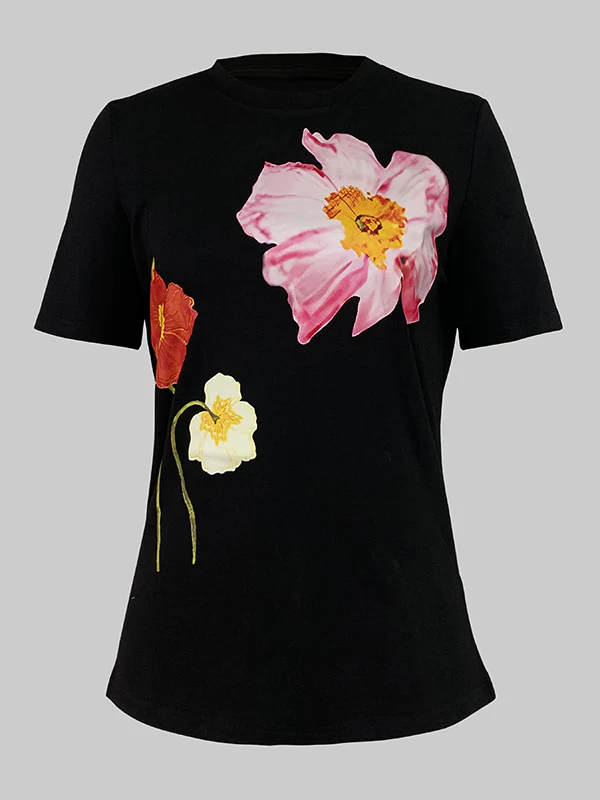 Short Sleeves Skinny Floral Printed Split-Joint Round-Neck T-Shirts - Image 4