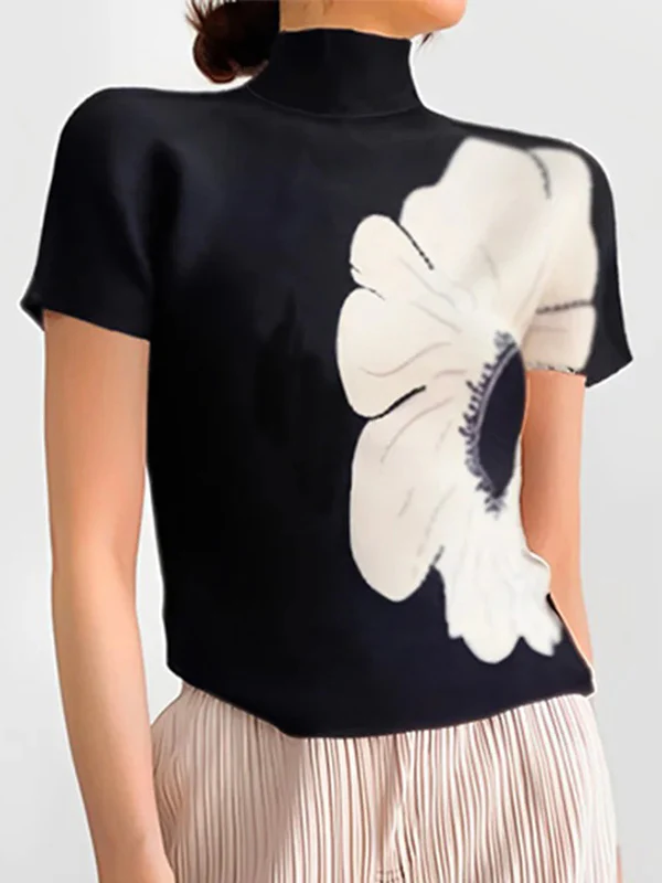 Short Sleeves Skinny Flower Print High Neck T-Shirts Tops - Image 2