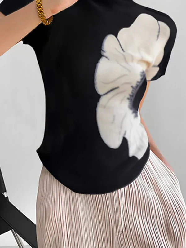 Short Sleeves Skinny Flower Print High Neck T-Shirts Tops - Image 3