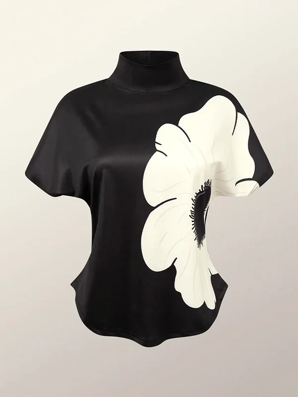 Short Sleeves Skinny Flower Print High Neck T-Shirts Tops - Image 4