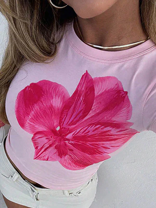 Short Sleeves Skinny Flower Print Round-Neck T-Shirts Tops - Image 15