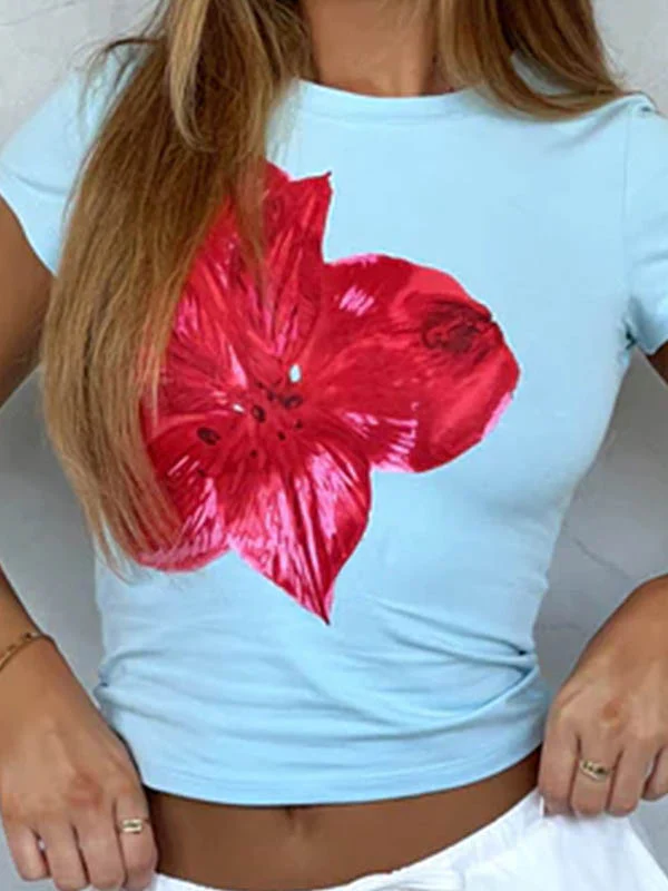 Short Sleeves Skinny Flower Print Round-Neck T-Shirts Tops - Image 5