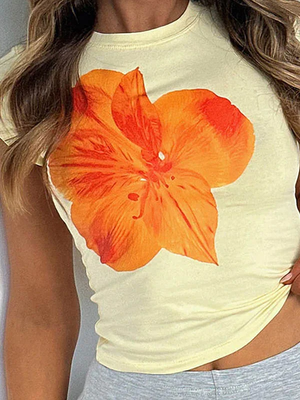 Short Sleeves Skinny Flower Print Round-Neck T-Shirts Tops - Image 9