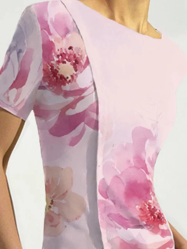 Short Sleeves Skinny Flower Print Split-Front Round-Neck T-Shirts Tops - Image 2