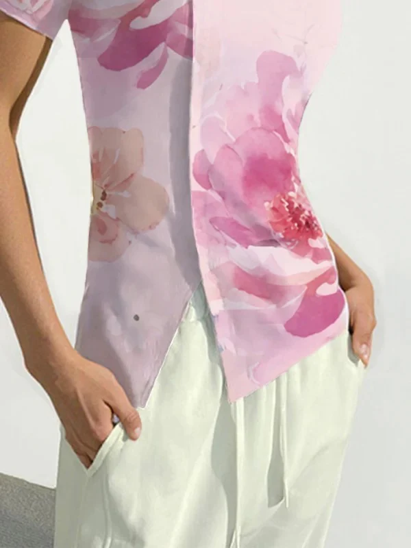 Short Sleeves Skinny Flower Print Split-Front Round-Neck T-Shirts Tops - Image 3