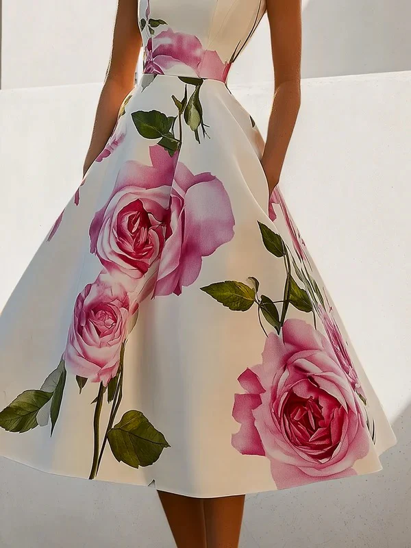Short Sleeves Skinny Flower Print Stand Collar Midi Dresses - Image 3