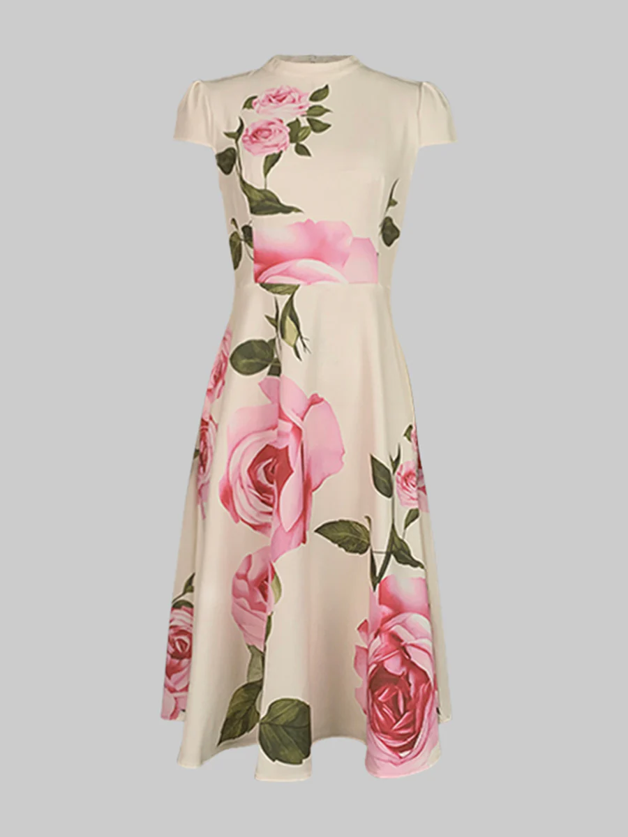Short Sleeves Skinny Flower Print Stand Collar Midi Dresses - Image 4
