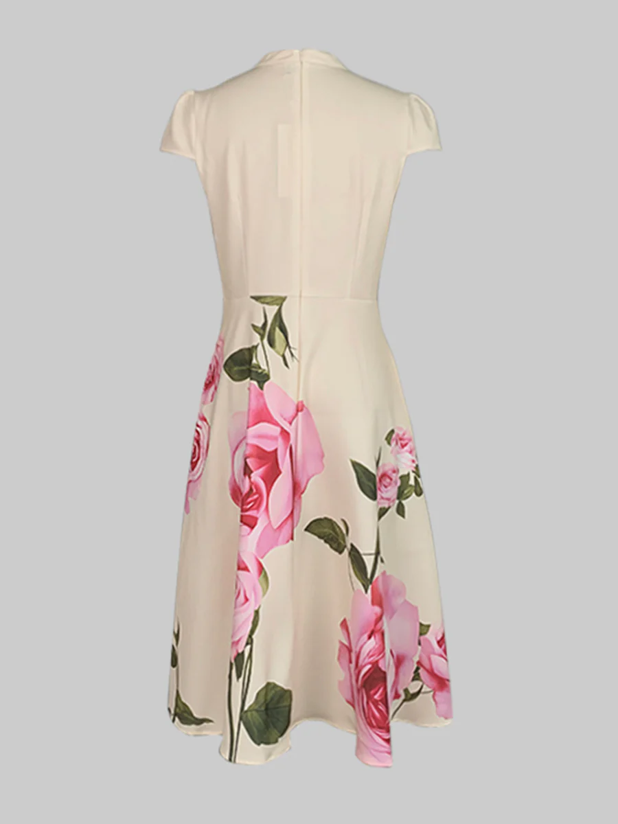 Short Sleeves Skinny Flower Print Stand Collar Midi Dresses - Image 5