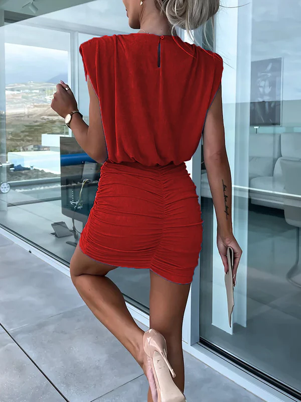 Short Sleeves Skinny Hollow Pleated Shoulder Pad Solid Color Round-Neck Mini Dresses - Image 12