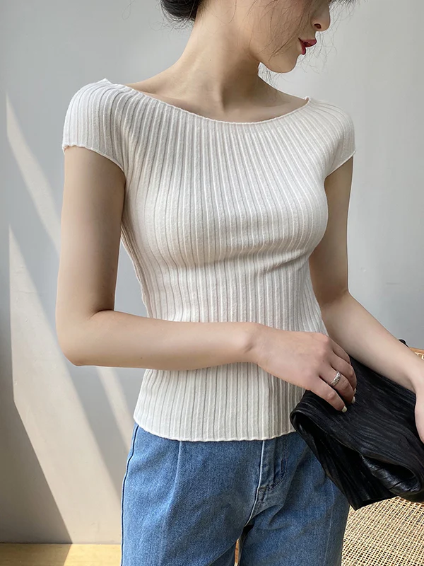 Short Sleeves Skinny Solid Color Boat Neck Knitwear Pullovers Sweater - Image 2