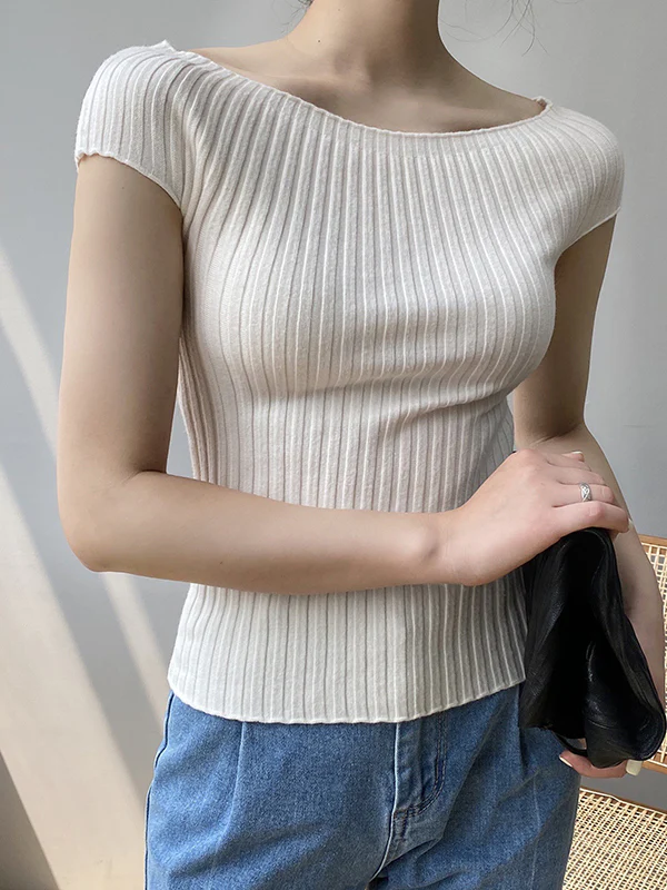 Short Sleeves Skinny Solid Color Boat Neck Knitwear Pullovers Sweater - Image 3