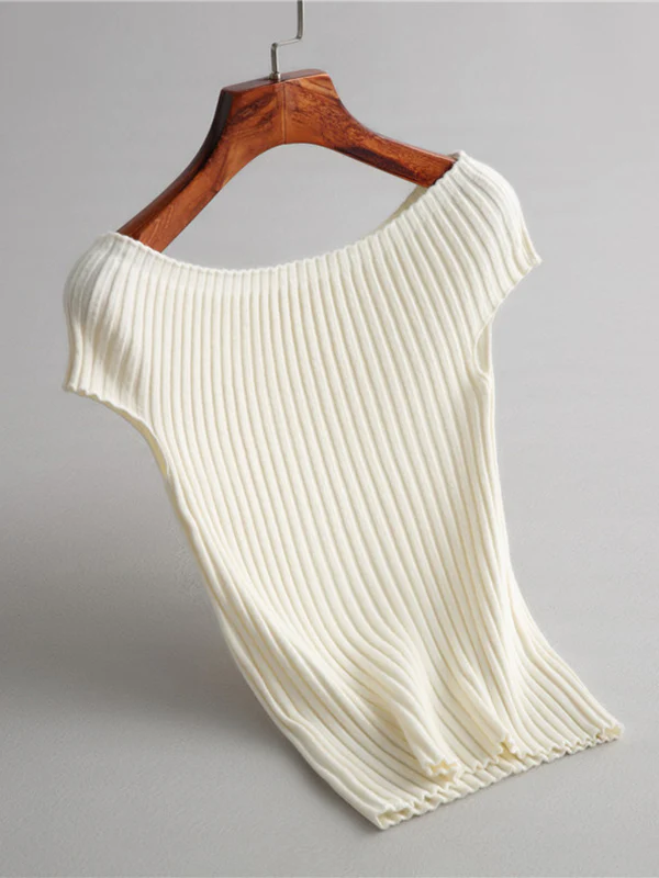 Short Sleeves Skinny Solid Color Boat Neck Knitwear Pullovers Sweater - Image 4