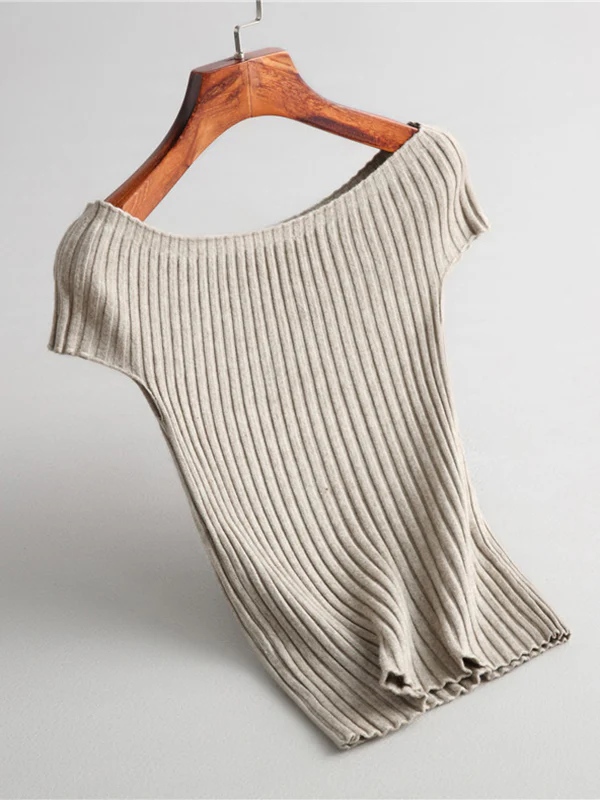 Short Sleeves Skinny Solid Color Boat Neck Knitwear Pullovers Sweater - Image 5