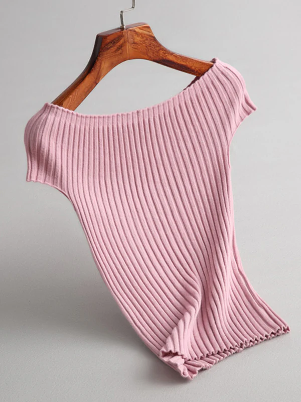 Short Sleeves Skinny Solid Color Boat Neck Knitwear Pullovers Sweater - Image 6