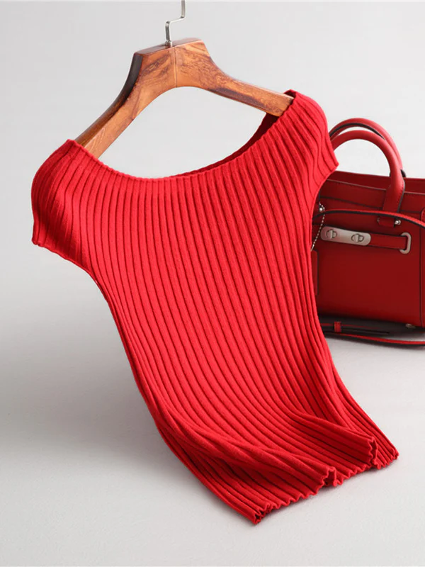 Short Sleeves Skinny Solid Color Boat Neck Knitwear Pullovers Sweater - Image 7