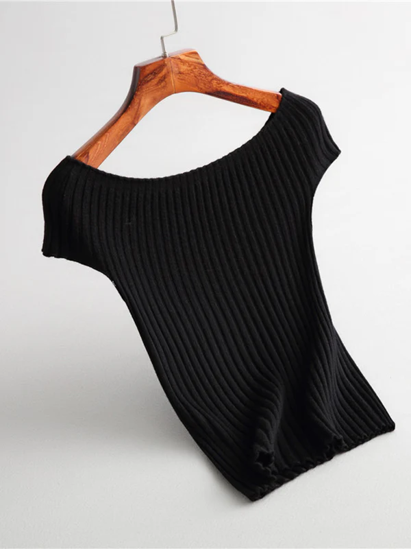 Short Sleeves Skinny Solid Color Boat Neck Knitwear Pullovers Sweater - Image 8