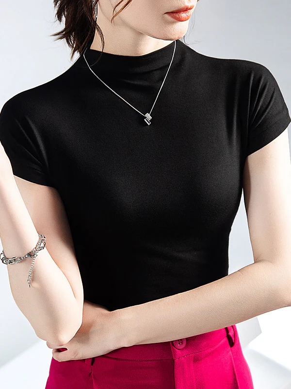 Short Sleeves Skinny Solid Color Mock Neck T-Shirts Tops - Image 2