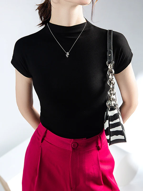 Short Sleeves Skinny Solid Color Mock Neck T-Shirts Tops - Image 3