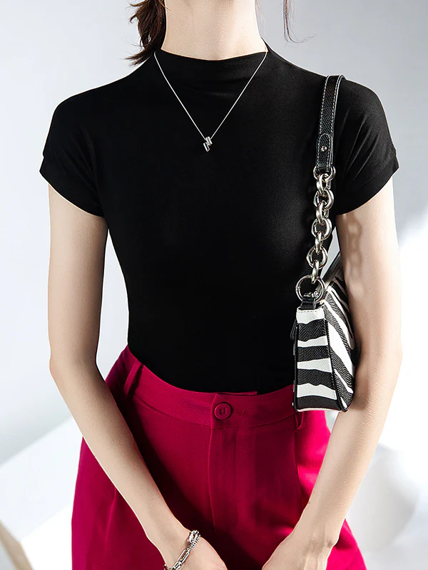 Short Sleeves Skinny Solid Color Mock Neck T-Shirts Tops - Image 4