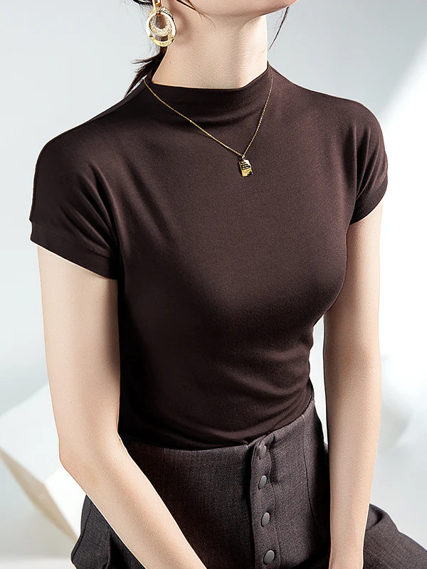 Short Sleeves Skinny Solid Color Mock Neck T-Shirts Tops - Image 5