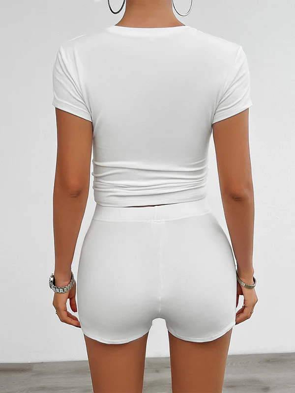 Short Sleeves Skinny Solid Color Round-Neck T-Shirt Top + Shorts Bottom Two Pieces Set - Image 14