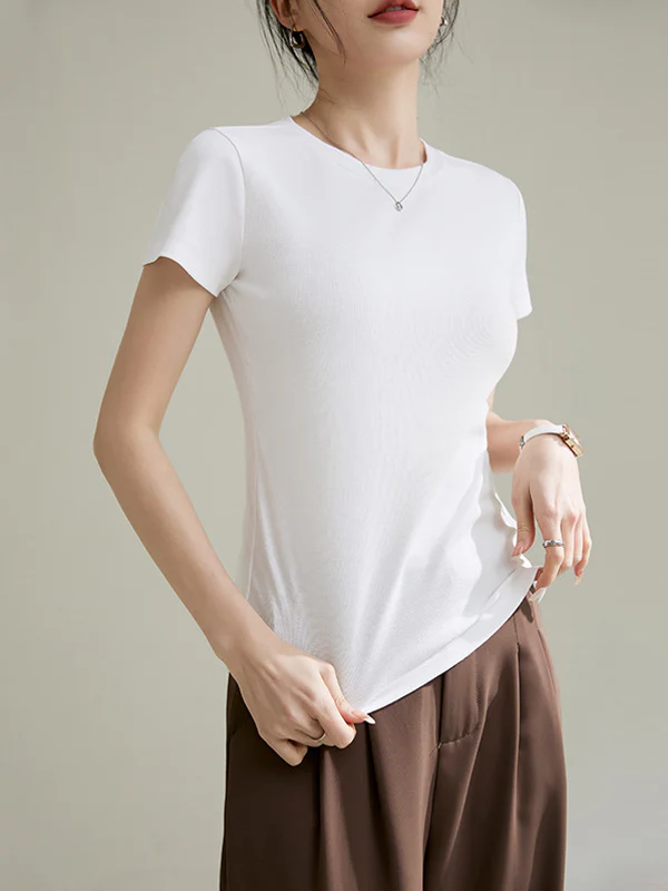 Short Sleeves Skinny Solid Color Round-neck T-Shirts Tops - Image 10