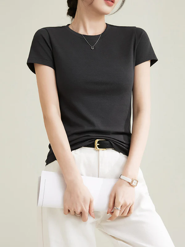 Short Sleeves Skinny Solid Color Round-neck T-Shirts Tops - Image 11