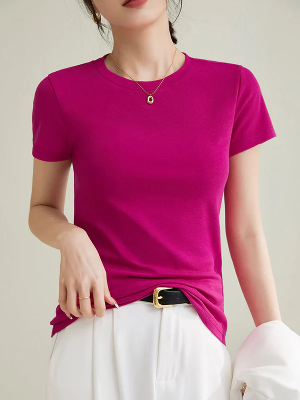 Short Sleeves Skinny Solid Color Round-neck T-Shirts Tops - Image 12