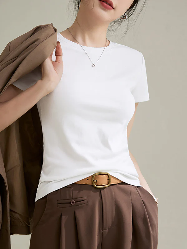 Short Sleeves Skinny Solid Color Round-neck T-Shirts Tops - Image 4