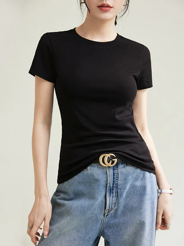 Short Sleeves Skinny Solid Color Round-neck T-Shirts Tops - Image 5