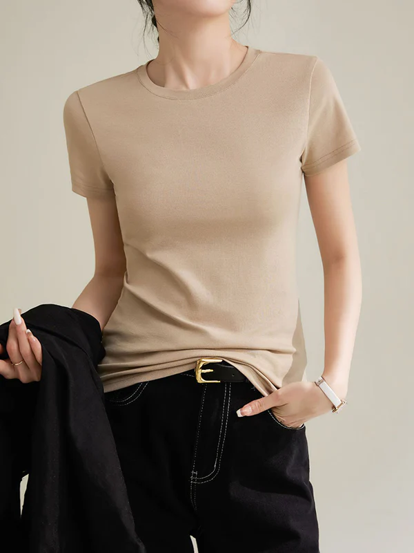 Short Sleeves Skinny Solid Color Round-neck T-Shirts Tops - Image 6