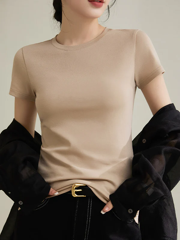 Short Sleeves Skinny Solid Color Round-neck T-Shirts Tops - Image 7
