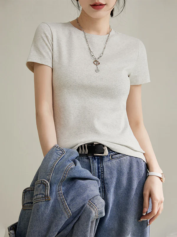 Short Sleeves Skinny Solid Color Round-neck T-Shirts Tops - Image 9
