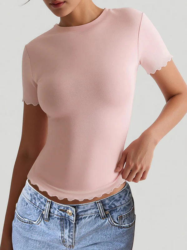 Short Sleeves Skinny Solid Color Round-Neck T-Shirts Tops - Image 3